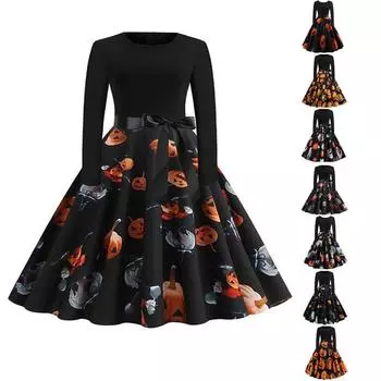 Модное женское винтажное расклешенное платье с длинным рукавом на Хэллоуин и принтом S