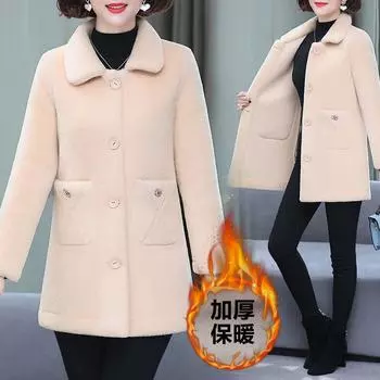 МОДНОЕ зимнее пальто из искусственной овечьей шерсти средней и длинной длины 2024 года, новое иностранное пальто для женщин среднего и пожилого возраста с меховой отделкой из шерсти Одежда M темно-коричневого