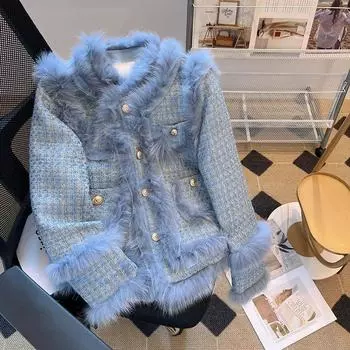 Модное зимнее теплое пальто с длинным рукавом для женщин с меховым воротником и соединительным краем L синий