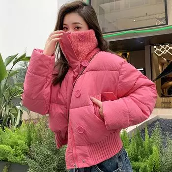 Модное зимнее женское холодное пальто с воротником-стойкой, новые короткие парки в корейском стиле на молнии с хлопковой подкладкой, зимняя куртка S розовый