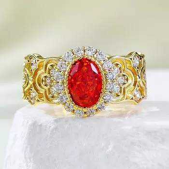 Модные 100% серебряные 925 пробы ювелирные кольца для женщин, покрытые 18-каратным золотом 5*7 мм, овальная огранка, оранжево-красный высокоуглеродистый бриллиант, драгоценный камень, вечернее кольцо 5