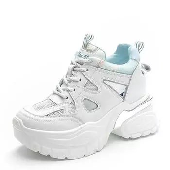 Модные 10,5 см сетчатые шлепанцы из натуральной кожи с скрытым каблуком, летние ботильоны, женские босоножки на платформе с полыми носками, дышащая обувь на танкетке 34 синий