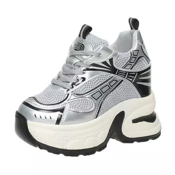 Модные 10 см каблуки массивные кроссовки весна осень вентилируемые женские туфли удобные повседневные кожаные туфли 2024 модная женская повседневная обувь 36 серый