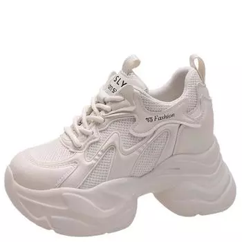 Модные 10 см массивные кроссовки женские новинка 2024 года осень скрытый каблук платформа спортивная обувь для папы женская шнуровка дышащая сетка повседневная обувь 34 бежевый