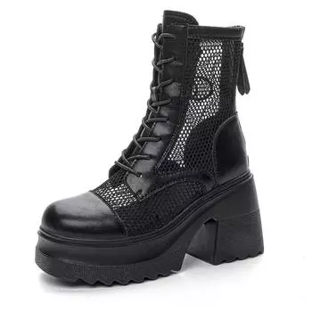 Модные 10 см новые дышащие мотоциклетные ботильоны из натуральной кожи, модные сандалии, летние женские полые ботинки для женщин 34 бежевый