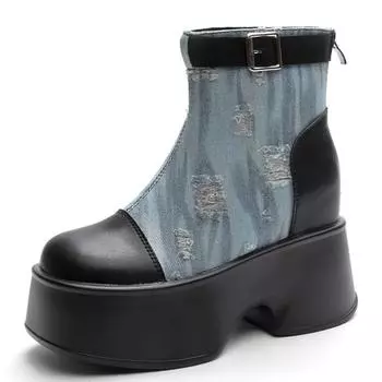 Модные 11 см джинсовые туфли из натуральной кожи для женщин, модные весенние парусиновые ботильоны на платформе и танкетке, осенние модные туфли высокого бренда со скрытым каблуком 33 чёрный