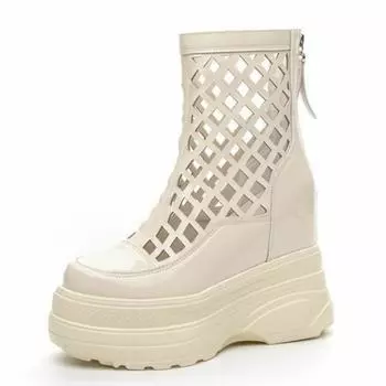 Модные 11 см полые лакированные кожаные новые летние дышащие босоножки на танкетке с молнией на танкетке повседневные ботильоны до колена 204 33 чёрный