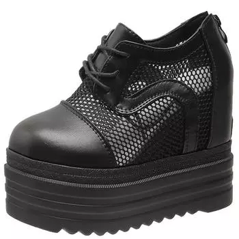 Модные 12 см сетчатые дышащие толстые подошвы, увеличивающие высоту каблука, туфли на платформе для женщин, лето и осень, новые тонкие повседневные туфли 34 чёрный