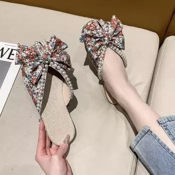 Модные 2024 плоские тапочки для женщин на открытом воздухе тапочки с жемчугом льняная стелька сломанные сандалии с бантом цветы Pantuflas Para Mujer летние тапочки 43 35 оранжевый