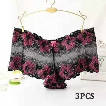 Модные 3 шт. Женские кружевные трусики, дышащее нижнее белье, цветочные трусики, сексуальное женское белье, прозрачные хипстерские очаровательные трусики для девочек M синий