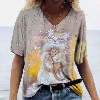 Модные 3D футболки Женские футболки с 3D принтом кота Футболка с коротким рукавом с 3D принтом XS