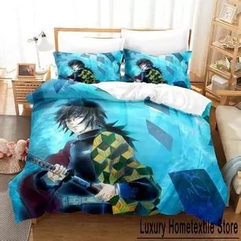 Модные 3D комплекты постельного белья Demon Slayer, пододеяльник с наволочкой, двуспальная кровать, двуспальная кровать, постельное белье, настраиваемое EU Single 135x200cm