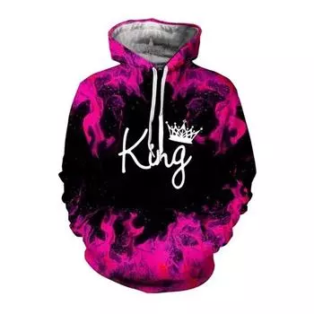 Модные 3D-принты, трендовые парные толстовки с капюшоном «Король и королева», свитер с капюшоном для него и для нее, повседневные толстовки большого размера S