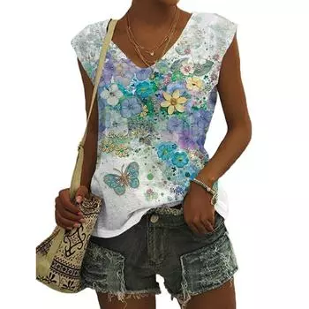 Модные 3D-топы с принтом «Бабочка-цветок», женская летняя уличная одежда, свободный жилет с V-образным вырезом, без рукавов, с открытыми плечами, женская майка S