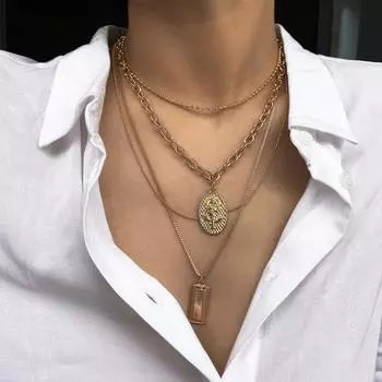 Модные 4-слойные геометрические подвески, ожерелья для женщин, Золотая металлическая цепочка в виде змеи, ожерелье, новый дизайн, ювелирное изделие, подарок