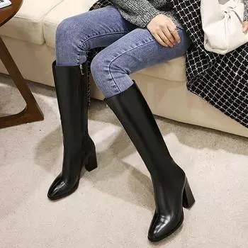 Модные 5-цветные зимние сапоги на высоком каблуке из искусственной кожи, белые, черные, зеленые, желтые, женские сапоги средней длины для верховой езды, обувь больших размеров 34 винный