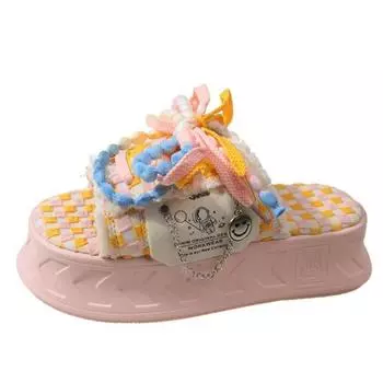 Модные 6 см милые кавайные модные граффити тапочки женские толстые подошвы рельефная холщовая линия перетаскивание для модных женских кексов внешняя одежда 35 небесно-голубой