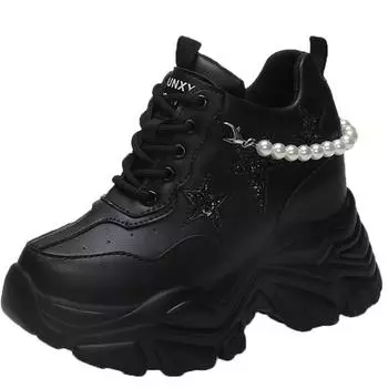 Модные 7 см блестящие пайетки кроссовки на толстой платформе женские дышащие туфли на шнуровке для увеличения роста женские модные кроссовки жемчужно-белого цвета 34 чёрный