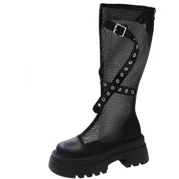 Модные 7 см кожаные длинные сапоги сетчатые дышащие высокие летние туфли женские модные женские платья полые толстые каблуки сандалии для улицы 35 бежевый