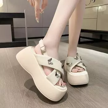 Модные 7 см квадратный носокТрехмерные босоножки-бабочкиЛетние новые толстые подошвыБисквитные пляжные римские сандалии и тапочки 34 бежевый