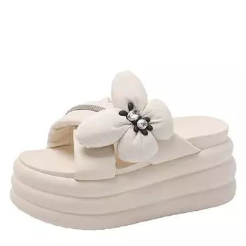 Модные 7 см новые толстые тапочки на подошве для женщин Модные тапочки на платформе с цветочным принтом для летней верхней одежды Нескользящие высокие тапочки для женщин 34 чёрный