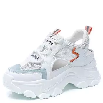 Модные 7 см сетчатые туфли из натуральной коровьей кожи на толстом каблуке, сандалии на платформе, с клином, дышащие, летние модные туфли 34 белый