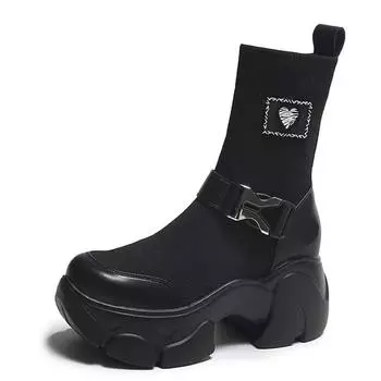 модные 7 см вязаные высокие ботильоны на платформе женские осенние короткие носки с толстой подошвой нескользящие мотоциклетные ботинки на толстой подошве женские ботинки 34 бежевый