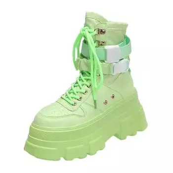 Модные 7 см зеленые панк-ботинки на толстой платформе для мотоциклистов, женские осенне-зимние готические туфли, женские толстые ботинки на шнуровке до щиколотки 34 чёрный