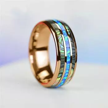 Модные 8 мм розового золота Цвет Вольфрама Свадебные Мужские Кольца Из Нержавеющей Стали Инкрустация Раковина Ушка Синий Опал Кольца Мужские Свадебные Украшения 6