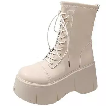 Модные 8-сантиметровые массивные мотоциклетные ботинки, новые женские ботинки из искусственной кожи на осень-зиму 2024 года, женские армейские ботинки на толстой платформе с толстой подошвой 34 бежевый