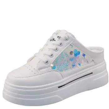 Модные 8 см блестящие полутапочки Baotou, женская верхняя одежда, летние новые тонкие толстые сандалии увеличенной высоты, ленивые кроссовки 34 белый