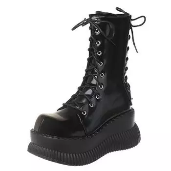 Модные 8 см черные блестящие ремешки в стиле панк сапоги для женщин осень и зима новые толстые подошвы увеличивающие рост платформы рыцарские сапоги до середины голени 35 чёрный