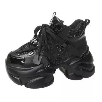 Модные 8 см осенне-зимние массивные кроссовки женские на шнуровке на платформе спортивная обувь толстая подошва теплые зимние туфли женские каблуки блестящие кроссовки 34 чёрный