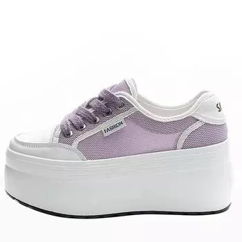 Модные 8 см сетчатые кроссовки с воздушной подкладкой на платформе и танкетке, летние удобные модные дышащие кроссовки высокого бренда на толстой подошве со шнуровкой, повседневная обувь 33 фиолетовый