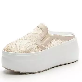 Модные 8 см сетчатые кружевные тапочки из натуральной кожи на танкетке с удобной платформой, брендовые дышащие летние туфли на танкетке с платформой 33 абрикосовый