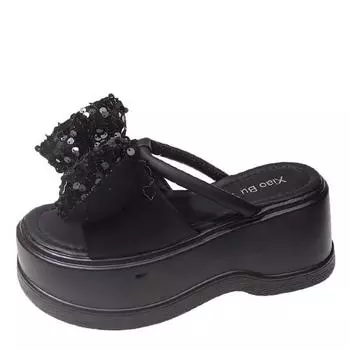 Модные 8 см стразы бант черные пайетки толстая подошва увеличивающая рост платформа тапочки для женщин лето новые универсальные открытые носок танкетки тапочки 34 чёрный