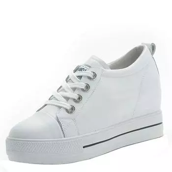 модные 8 см женские кроссовки из натуральной кожи на танкетке женские туфли на шнуровке на высоком каблуке и платформе женские туфли для увеличения роста повседневные туфли 34 черный белый