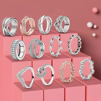 Модные 925 Серебряные Принцесса Тиара Корона Сверкающие Кольца Любовь Сердце Для Женщин Ювелирные Изделия Подарок На Годовщину 8