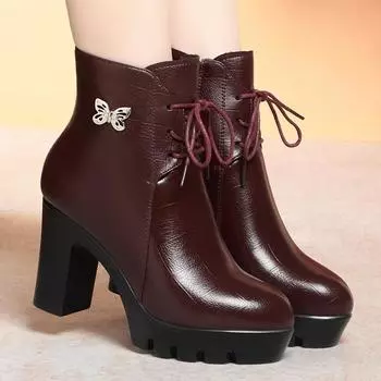 Модные 9 см большие размеры 34-40 толстые сапоги на платформе женские зимние 2024 года сапоги на высоком каблуке ботильоны офисная модель плюш 34 чёрный