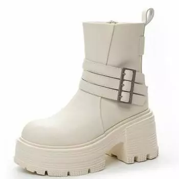 Модные 9 см микрофибра натуральная кожа платформа танкетка модные осенние зимние британские сапоги ZIP женские сапоги ботильоны весна колено высокие туфли 34 бежевый