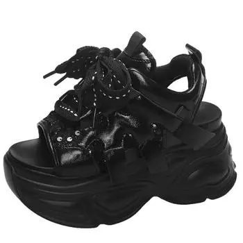 модные 9 см новые высокие сандалии на платформе женские летние сетчатые толстые кроссовки женские тапочки на танкетке для женщин Peep Toe Sandalia Feminina 34