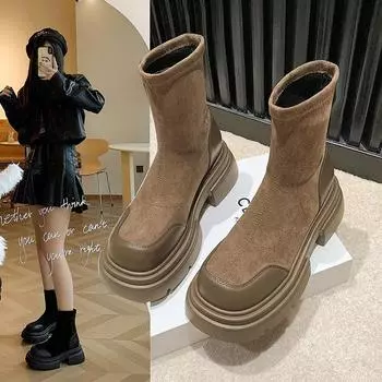 Модные эластичные ботинки Martin, женские, осень 2025, новые, ретро, универсальные, узкие, короткие, толстые, каблук, узкие ботинки 35 хаки