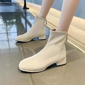 модные эластичные носки сапоги модные ботильоны женские на высоком каблуке толстые каблуки квадратный носок короткие сапоги женские ретро 2024 новые женские туфли 34 бежевый