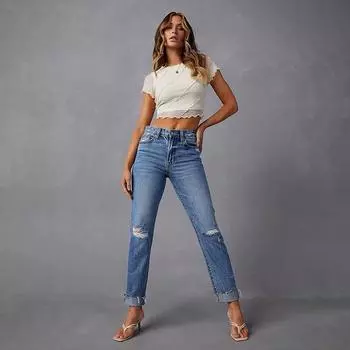 Модные эластичные прямые женские джинсы с высокой талией