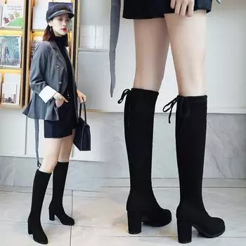 Модные эластичные сапоги из искусственной замши, женские сапоги выше колена, повседневные сексуальные туфли на платформе, женские осенние туфли на высоком каблуке для женщин 35 чёрный
