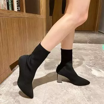 Модные эластичные сапоги-носки 2024 года, осень-зима, новинка, однотонные, простые, с межподошвой, универсальные, удобные, на высоком каблуке, женские сапоги 38 чёрный