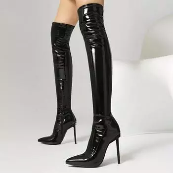 Модные эластичные женские сапоги до бедра, сексуальные длинные сапоги выше колена, женская зимняя обувь, черные, коричневые туфли на каблуке для вечеринок, большой размер 34