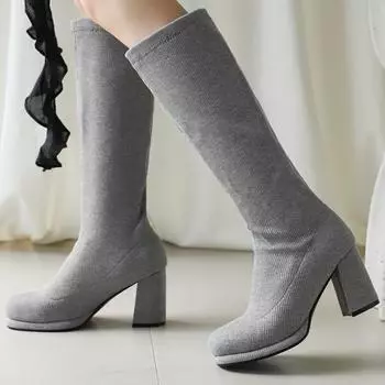 Модные эластичные женские сапоги до колена, элегантная зимняя обувь 2024 года, черные, серые, зеленые, розовые, на каблуке, длинные носки, женская обувь больших размеров 34 чёрный