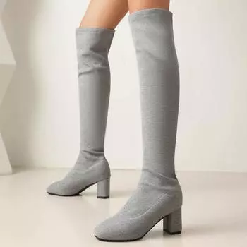 Модные эластичные женские сапоги выше колена, длинные сапоги до бедра, женская зимняя обувь, черные, серые, зеленые туфли на каблуке для вечеринок, большой размер 34 чёрный