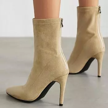Модные элегантные ботильоны для женщин, черные, бежевые, из искусственной замши, короткие ботинки, новинка 2024 года, зима-осень, туфли на высоком каблуке для вечеринок, большой размер 45 34 абрикосовый